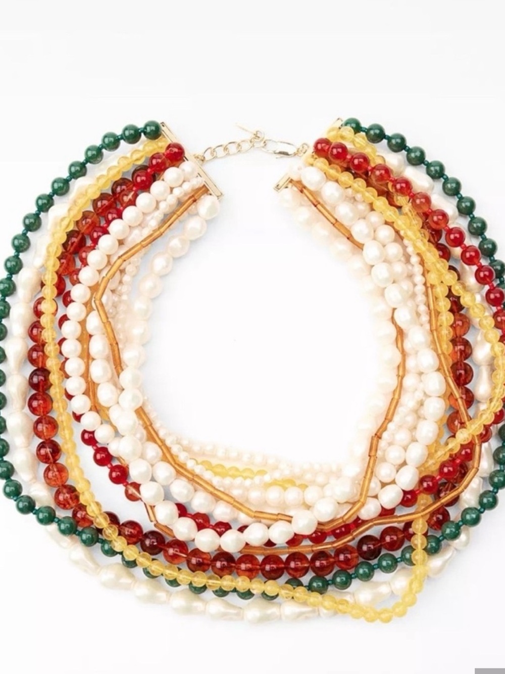 Zara Multi-Row Pearls Beaded Statement Necklace in Green, Red, Yellow, and White